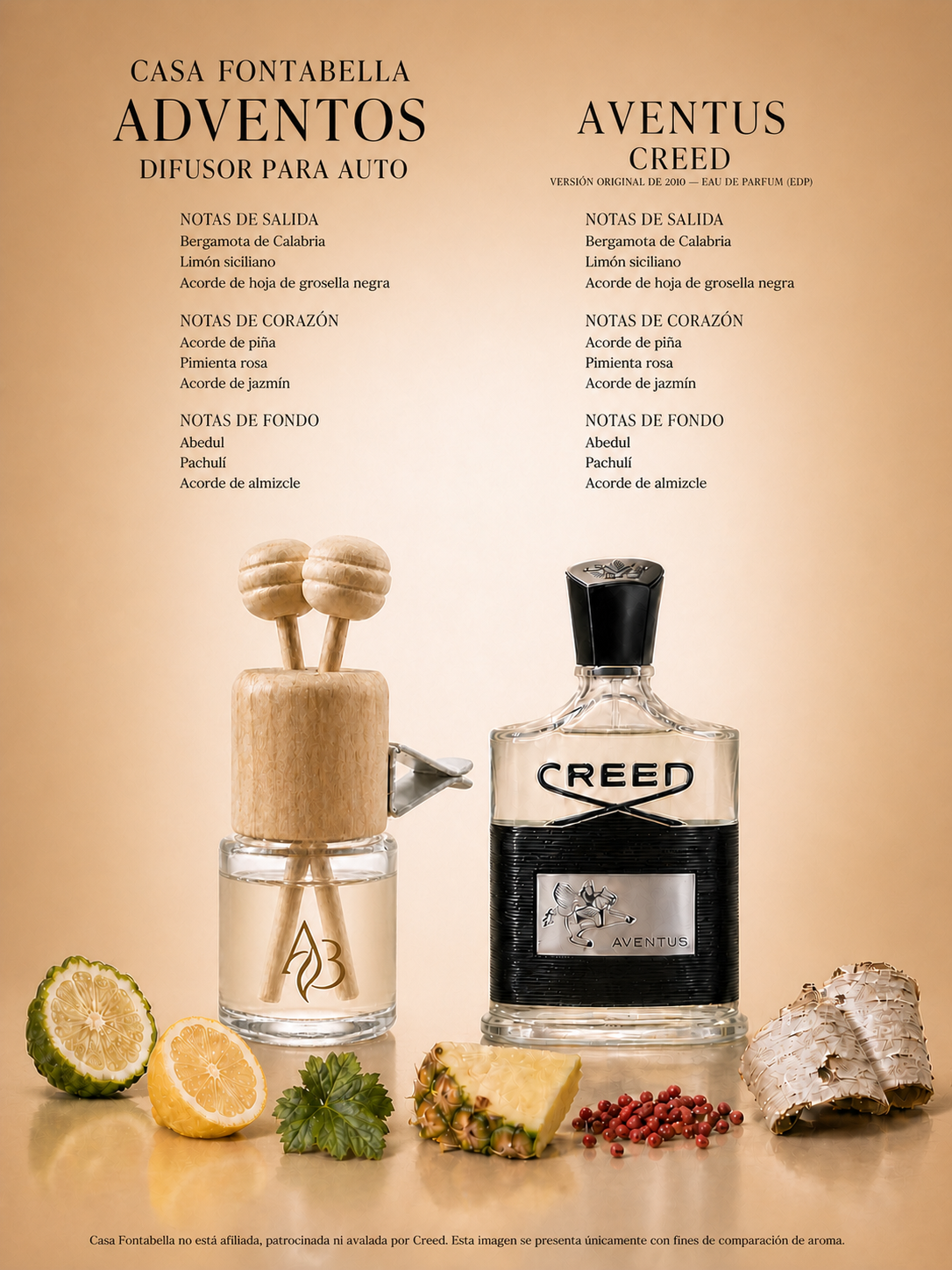 Aromatizante para auto Adventos de Casa Fontabella junto a su inspiración: Aventus de Creed