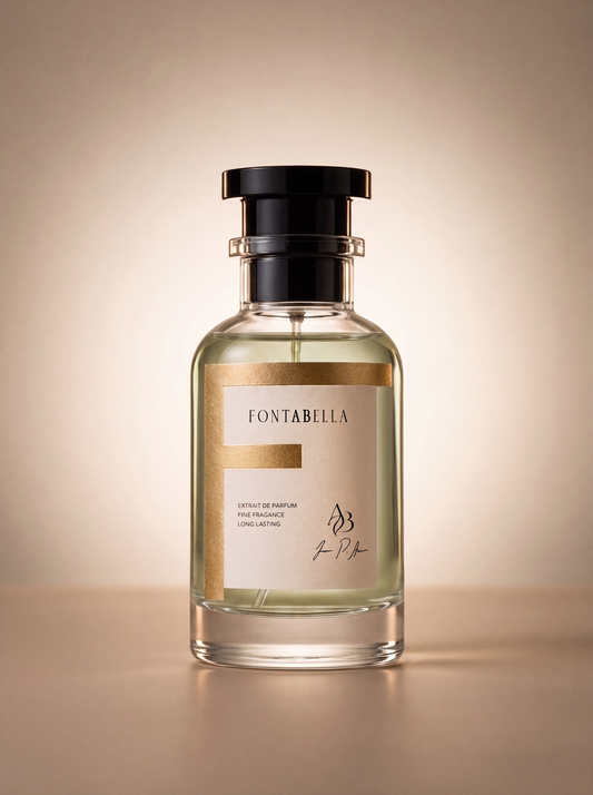 Perfume Santal Freedom de Fontabella, extrait de parfum en frasco de vidrio con etiqueta dorada