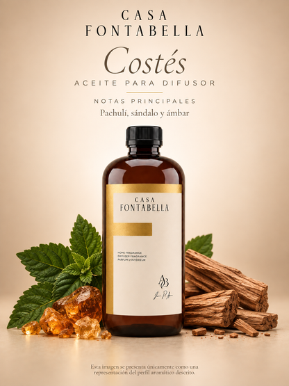 Aceite para difusor Costés de Casa Fontabella con sus notas principales: pachulí, sándalo y ámbar