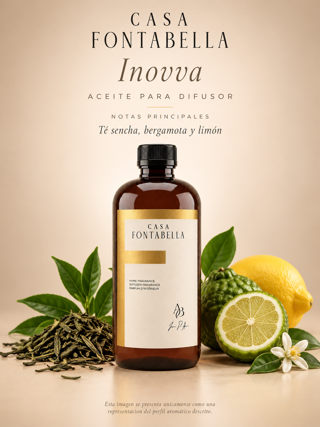 Aceite para difusor Inovva de Casa Fontabella con sus notas principales: té sencha, bergamota y limón
