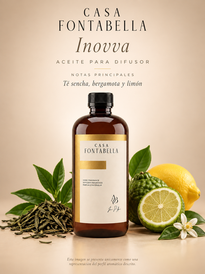 Aceite para difusor Inovva de Casa Fontabella con sus notas principales: té sencha, bergamota y limón