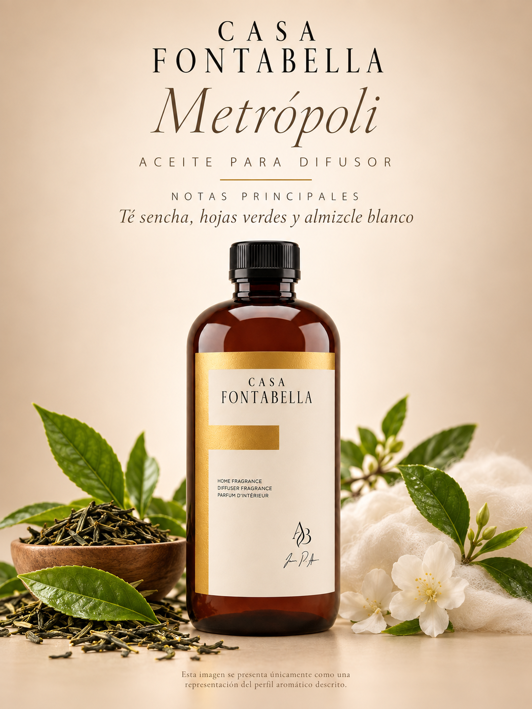 Aceite para difusor Metrópoli de Casa Fontabella con sus notas principales: té sencha, hojas verdes y almizcle blanco