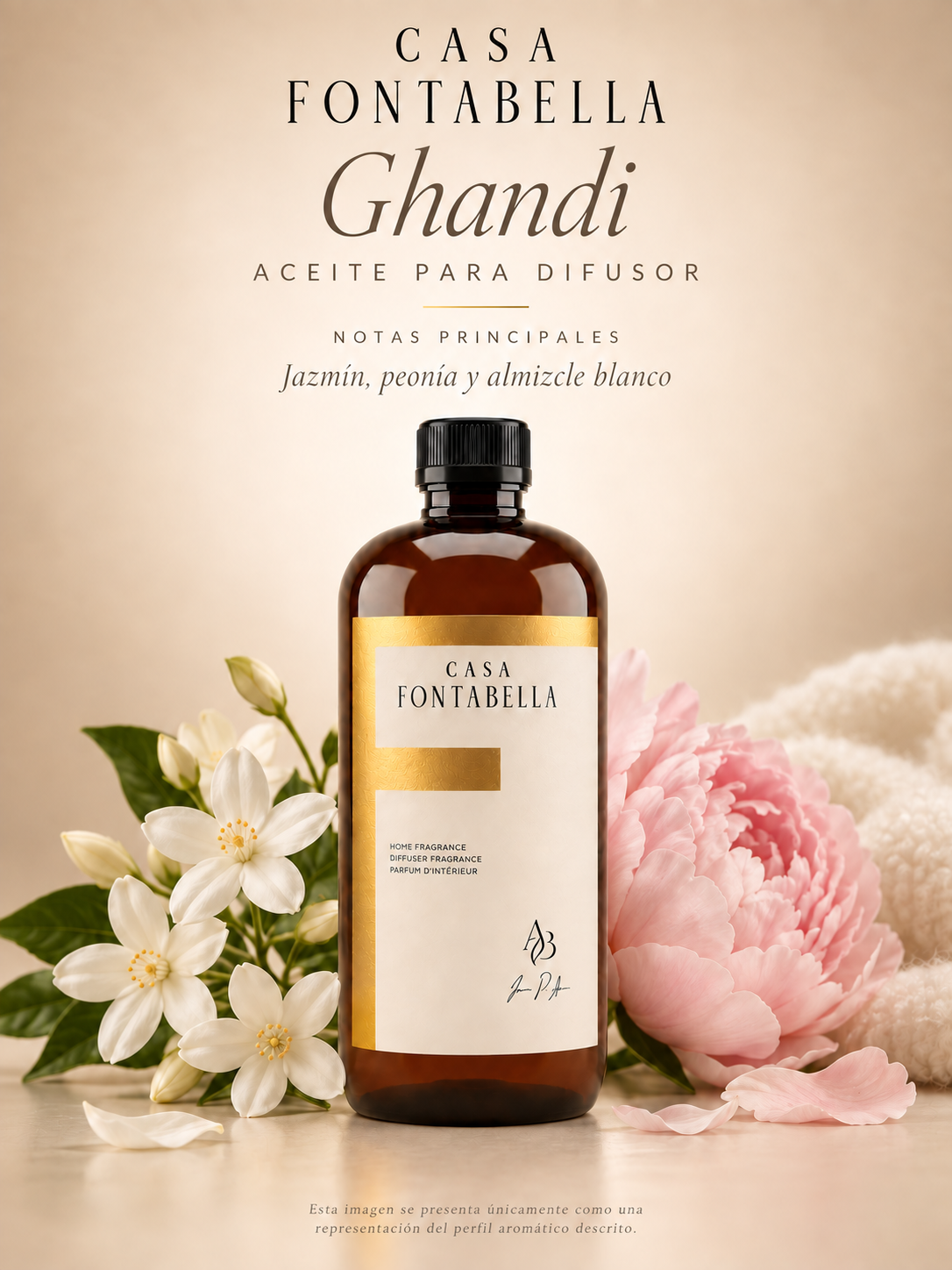 Aceite para difusor Ghandi de Casa Fontabella con sus notas principales: jazmín, peonía y almizcle blanco