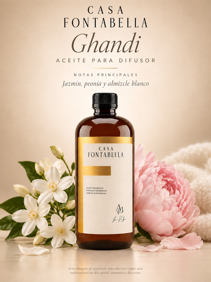 Aceite para difusor Ghandi de Casa Fontabella con sus notas principales: jazmín, peonía y almizcle blanco