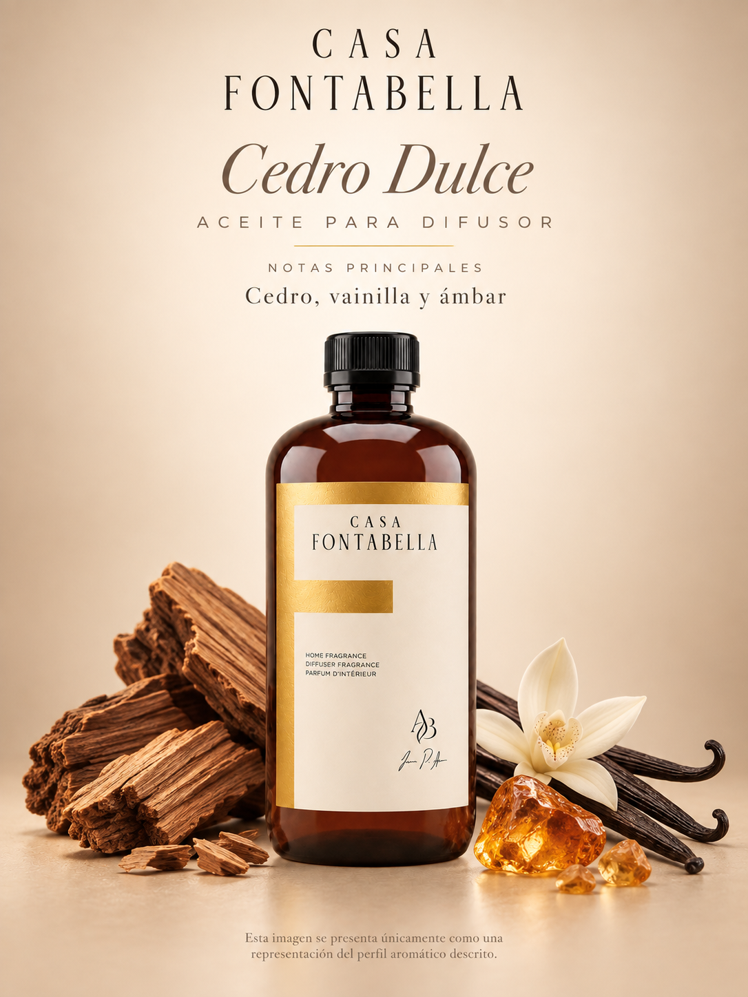 Aceite para difusor Cedro Dulce de Casa Fontabella con sus notas principales: cedro, vainilla y ámbar