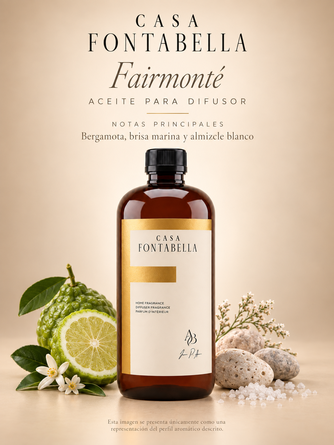 Aceite para difusor Fairmonté de Casa Fontabella con sus notas principales: bergamota, brisa marina y almizcle blanco