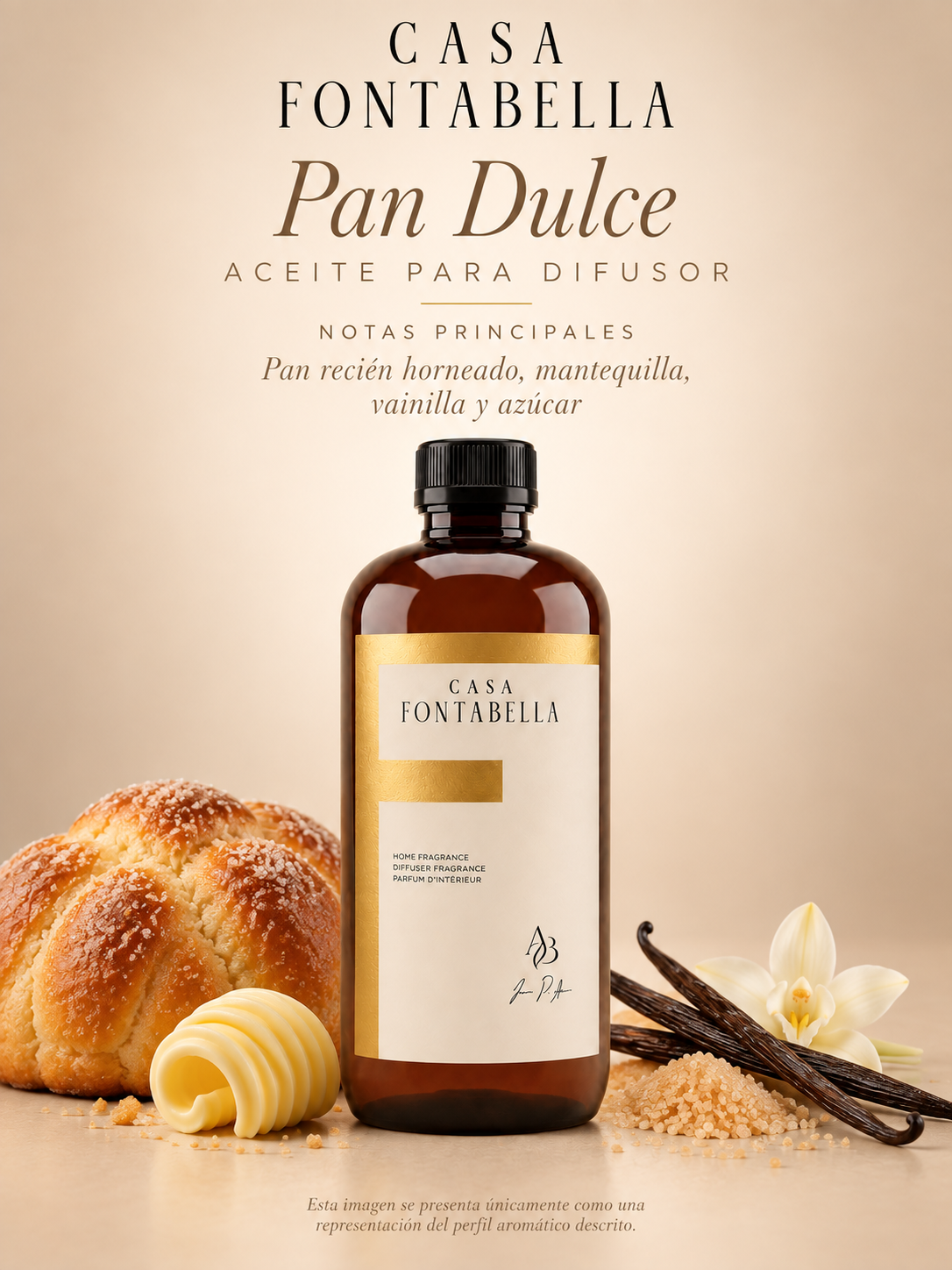 Aceite para difusor Pan Dulce de Casa Fontabella con sus notas principales: pan recién horneado, mantequilla, vainilla y azúcar