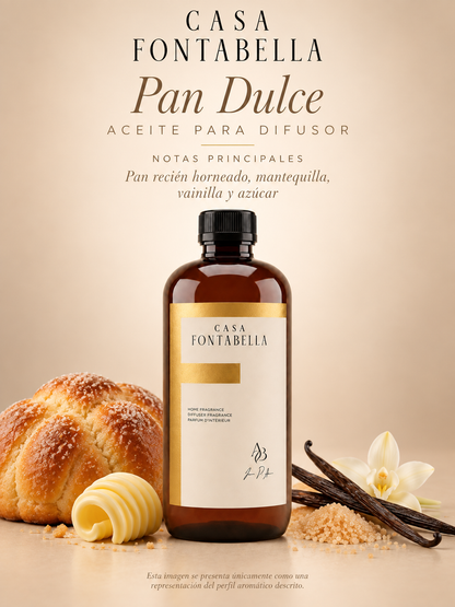 Aceite para difusor Pan Dulce de Casa Fontabella con sus notas principales: pan recién horneado, mantequilla, vainilla y azúcar
