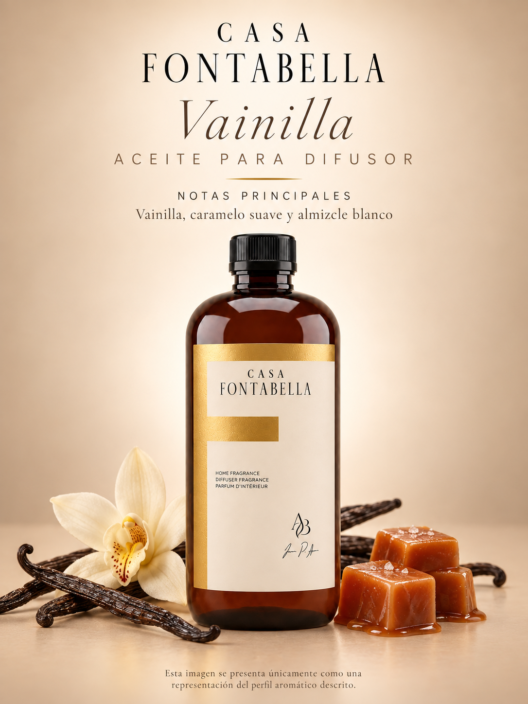 Aceite para difusor Vainilla de Casa Fontabella con sus notas principales: vainilla, caramelo suave y almizcle blanco