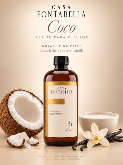 Aceite para difusor Coco de Casa Fontabella con sus notas principales: coco, leche de coco y vainilla