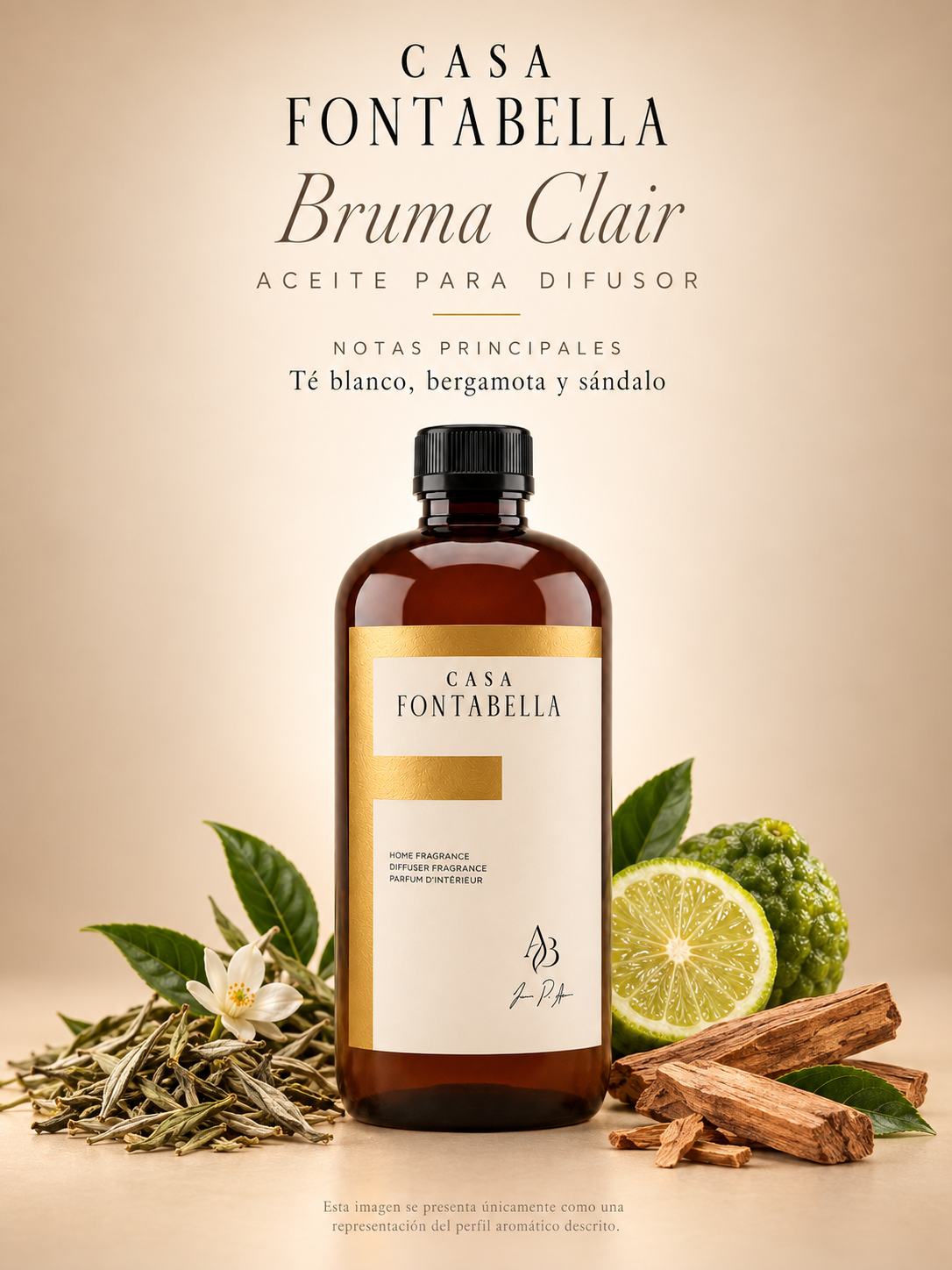 Aceite para difusor Bruma Clair de Casa Fontabella con sus notas principales: té blanco, bergamota y sándalo