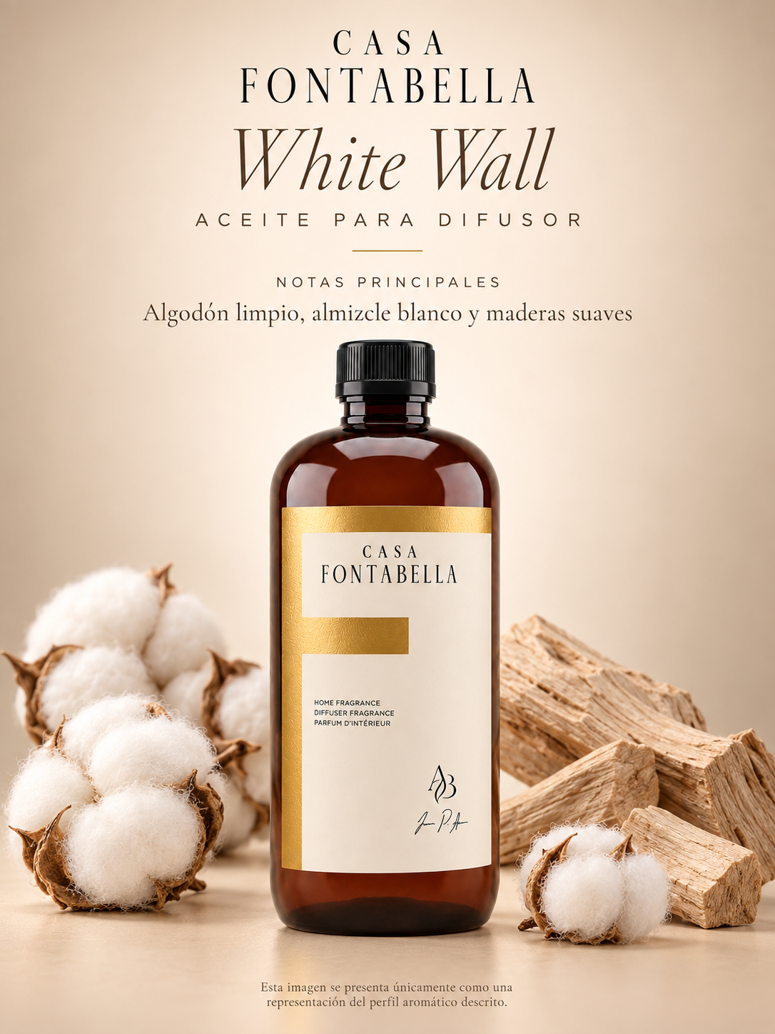 Aceite para difusor White Wall de Casa Fontabella con sus notas principales: algodón limpio, almizcle blanco y maderas suaves