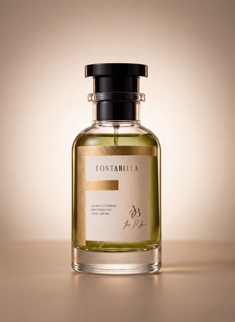 Perfume Missy D. de Fontabella, extrait de parfum en frasco de vidrio con etiqueta dorada