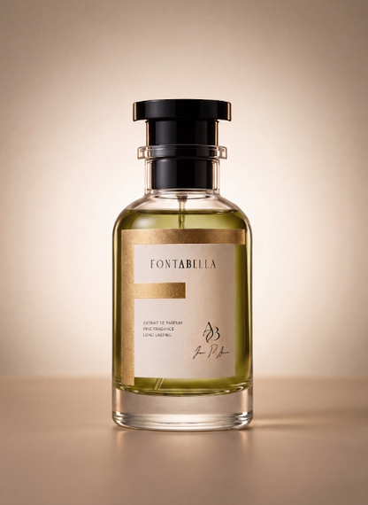Perfume Missy D. de Fontabella, extrait de parfum en frasco de vidrio con etiqueta dorada