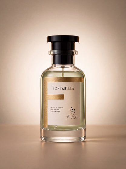 Perfume Cuero Toscano de Fontabella, extrait de parfum en frasco de vidrio con etiqueta dorada