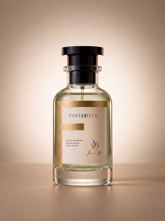 Perfume Cuero Toscano de Fontabella, extrait de parfum en frasco de vidrio con etiqueta dorada