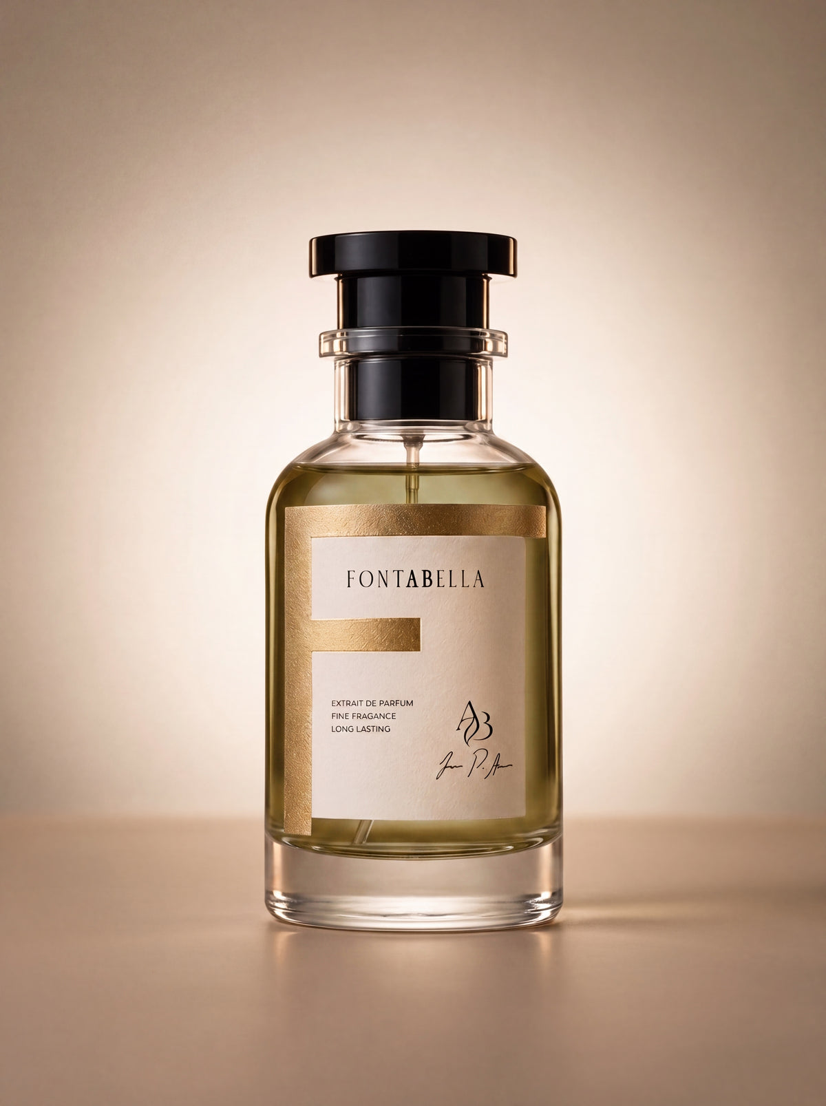 Perfume Asad E' de Fontabella, extrait de parfum en frasco de vidrio con etiqueta dorada