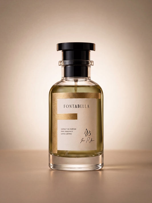 Perfume Asad E' de Fontabella, extrait de parfum en frasco de vidrio con etiqueta dorada