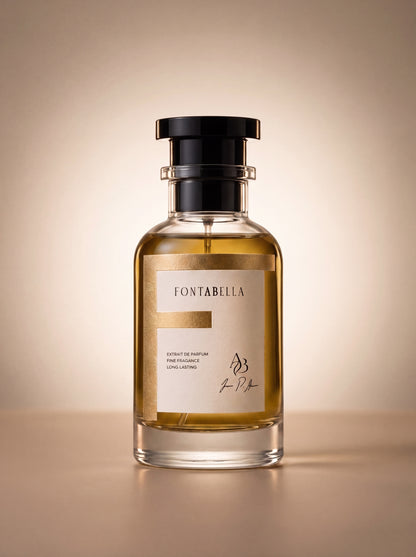 Perfume Griz Extrait de Fontabella, extrait de parfum en frasco de vidrio con etiqueta dorada