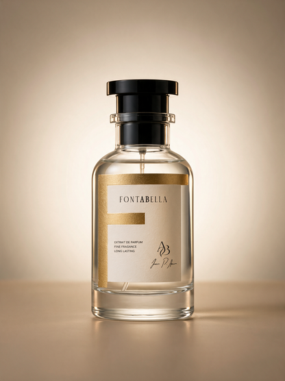 Perfume Borromano de Fontabella, extrait de parfum en frasco de vidrio con etiqueta dorada