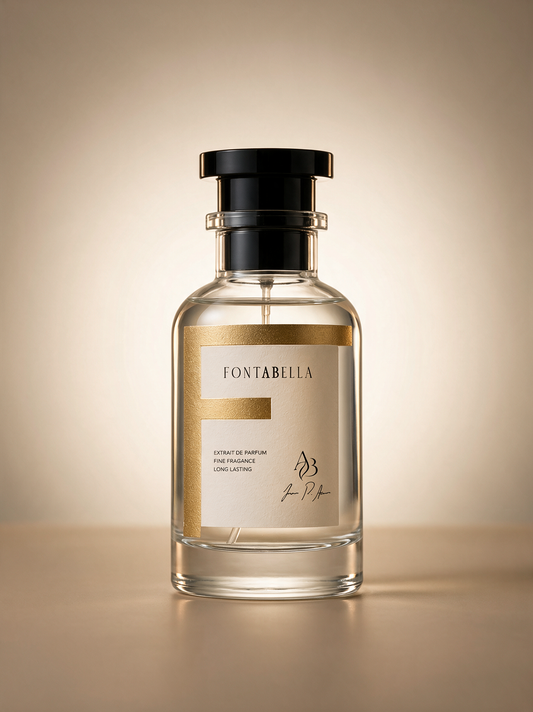 Perfume Borromano de Fontabella, extrait de parfum en frasco de vidrio con etiqueta dorada