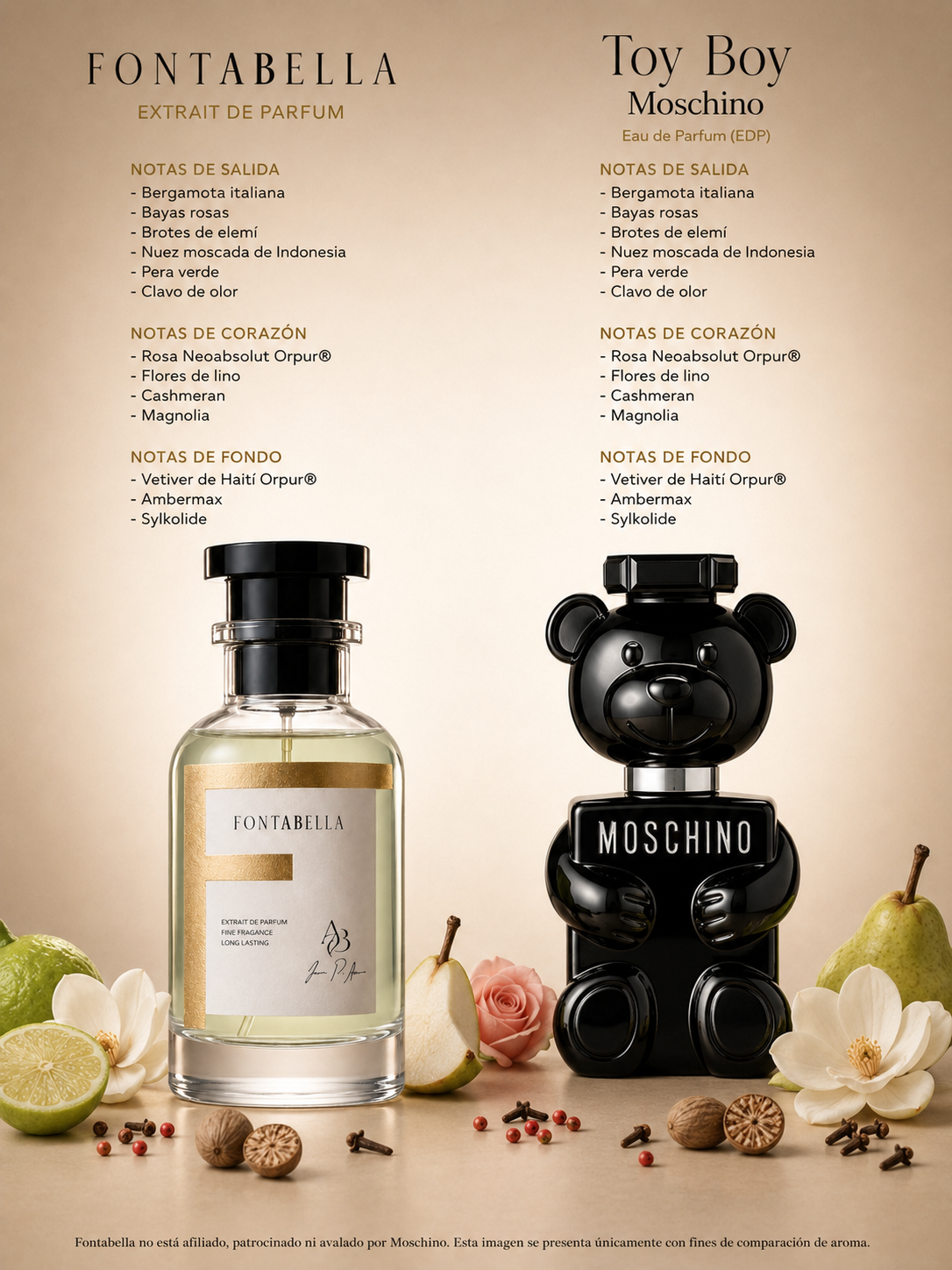 Perfume Boy Toy de Fontabella junto a su inspiración: Toy Boy de Moschino