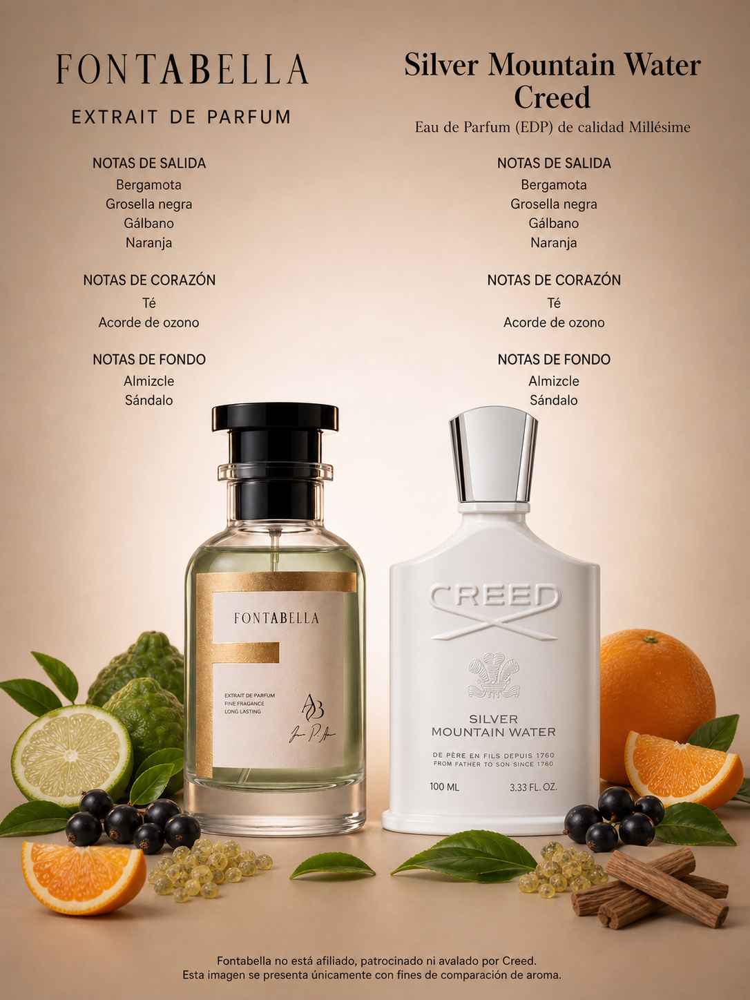 Perfume Silver Peak de Fontabella junto a su inspiración: Silver Mountain Water de Creed