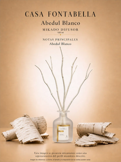 Mikado Abedul Blanco de 100 ml en envase esmerilado dorado — Casa Fontabella
