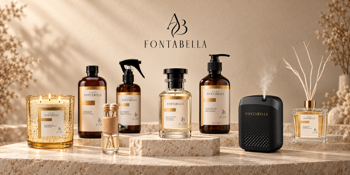 La línea completa de Casa Fontabella: vela aromática, repuesto para difusor, spray ambiental, perfume Extrait de Parfum, jabón corporal, difusor ultrasónico y difusor de varillas.