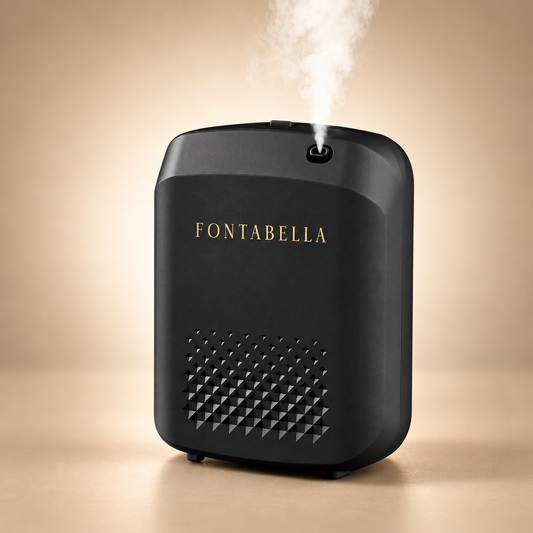 Difusor ultrasónico de Casa Fontabella, tamaño chico, en negro mate con logotipo dorado, difundiendo aroma en microgotas.