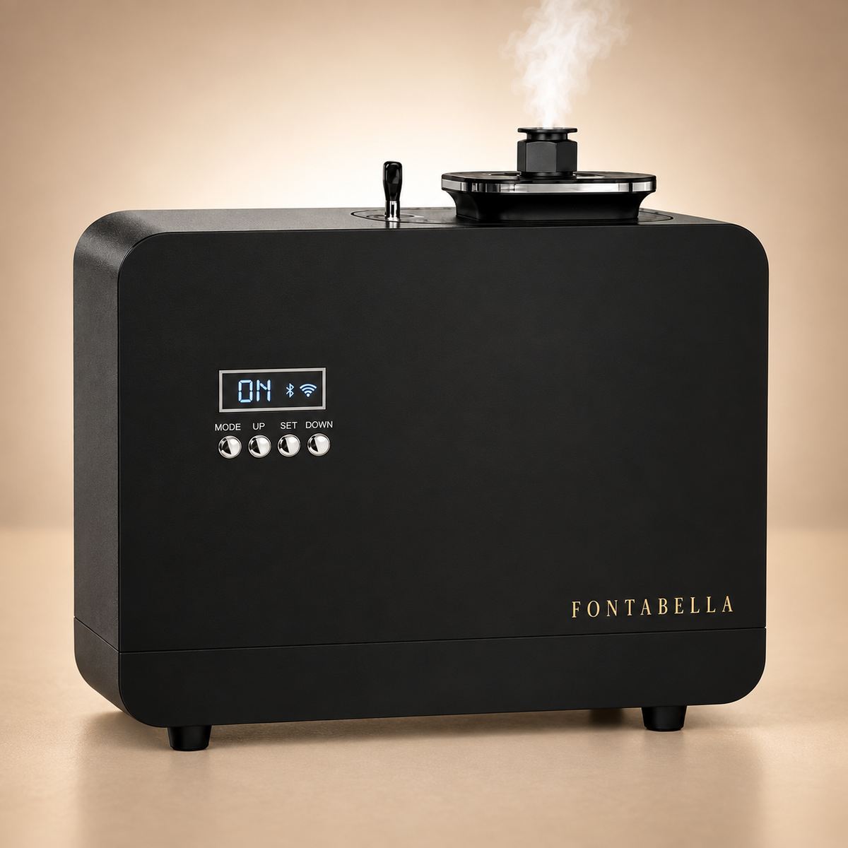Difusor ultrasónico de Casa Fontabella, tamaño extra grande, en negro mate con pantalla digital, Bluetooth y wifi, difundiendo aroma en microgotas.