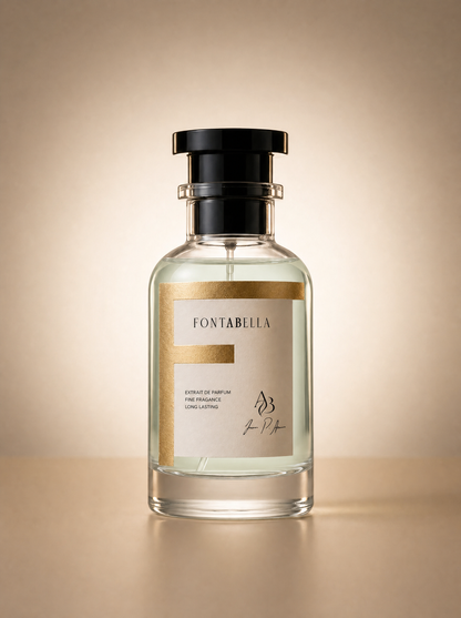 Perfume Flor Bomb de Fontabella, extrait de parfum en frasco de vidrio con etiqueta dorada