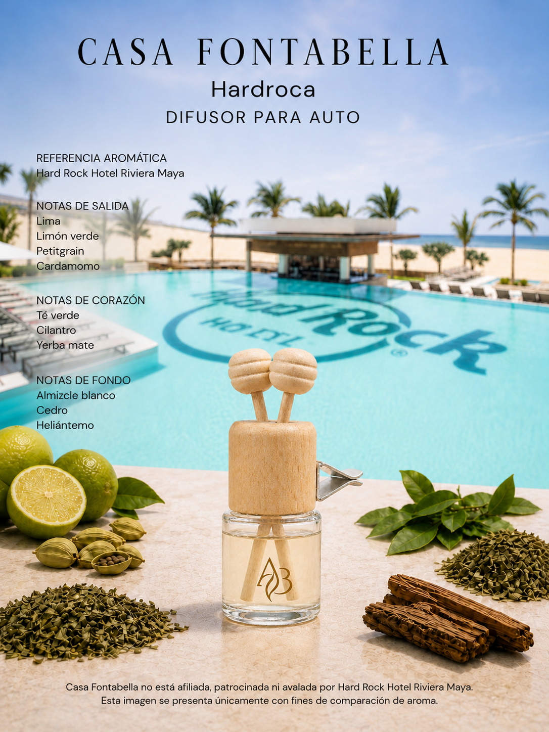 Aromatizante para auto Hardroca de Casa Fontabella junto a su inspiración: Hard Rock: Relaxing Day At The Lemon Tree