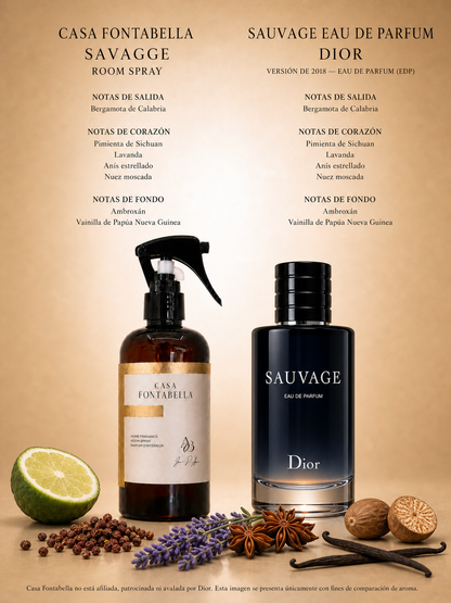 Spray de ambiente Savagge de Casa Fontabella junto a su inspiración: Sauvage de Dior