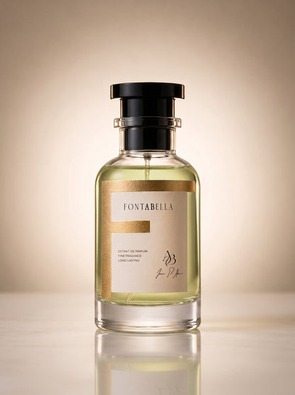 Perfume Aqua Homme de Fontabella, extrait de parfum en frasco de vidrio con etiqueta dorada