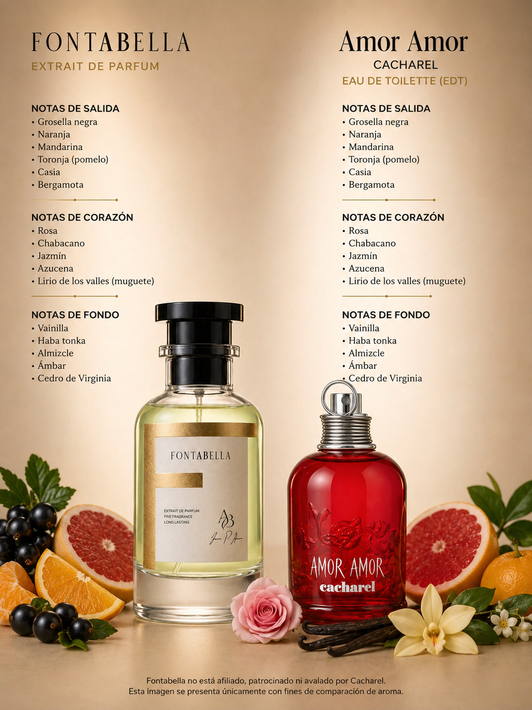 Perfume Amoré Amoré de Fontabella junto a su inspiración: Amor Amor de Cacharel