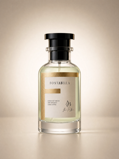 Perfume Lemon Trees de Fontabella, extrait de parfum en frasco de vidrio con etiqueta dorada