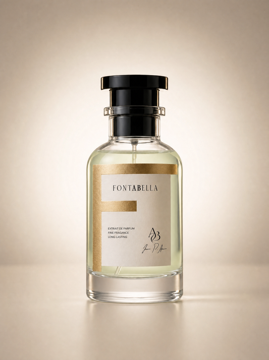 Perfume Lemon Trees de Fontabella, extrait de parfum en frasco de vidrio con etiqueta dorada