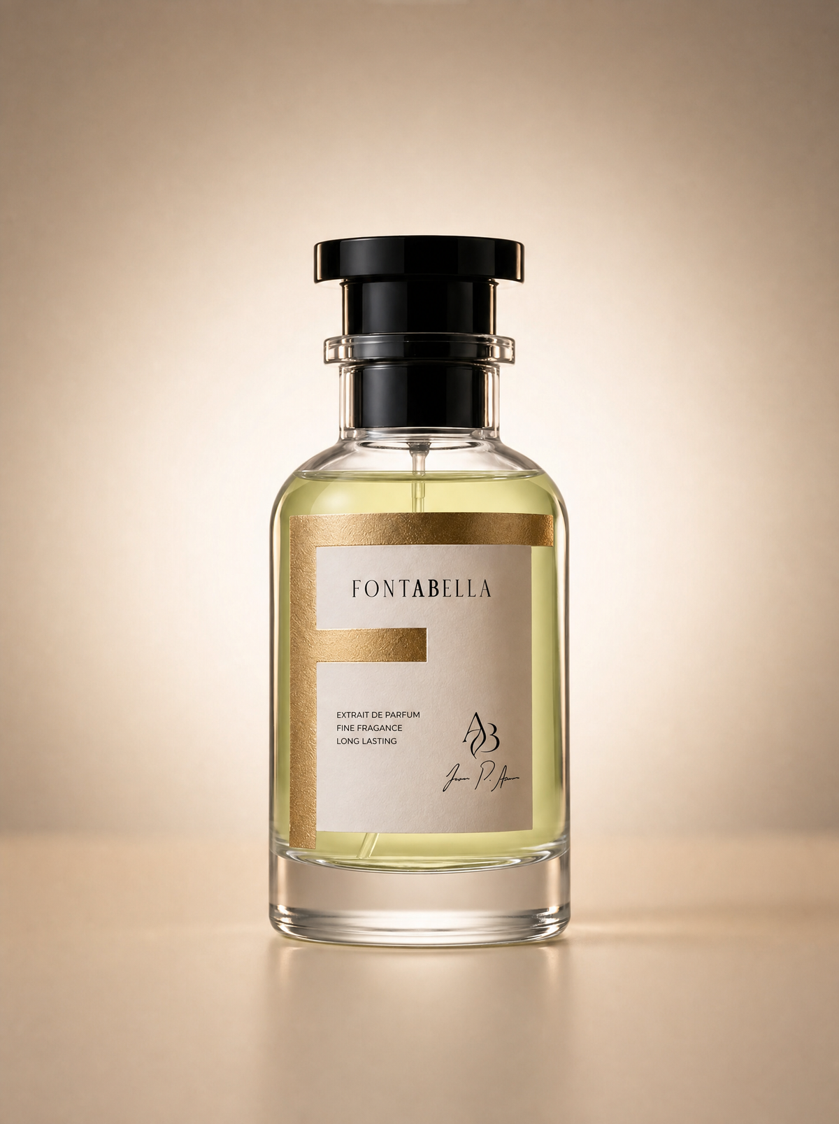 Perfume Lavie Bella de Fontabella, extrait de parfum en frasco de vidrio con etiqueta dorada