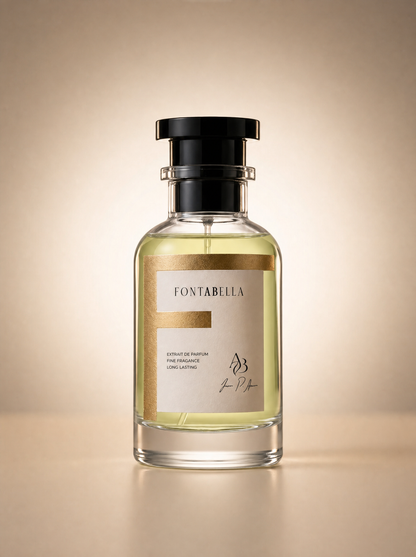 Perfume Lavie Bella de Fontabella, extrait de parfum en frasco de vidrio con etiqueta dorada