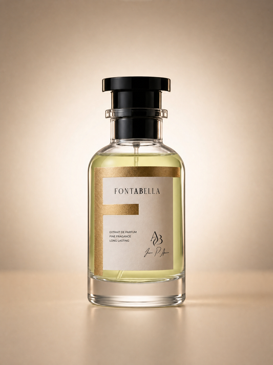 Perfume Lavie Bella de Fontabella, extrait de parfum en frasco de vidrio con etiqueta dorada