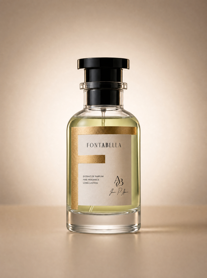 Perfume Udé Zarán de Fontabella, extrait de parfum en frasco de vidrio con etiqueta dorada