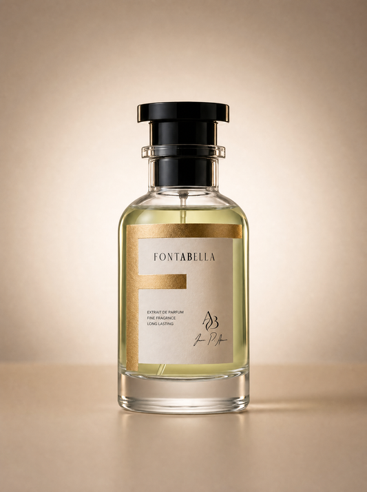 Perfume Udé Zarán de Fontabella, extrait de parfum en frasco de vidrio con etiqueta dorada