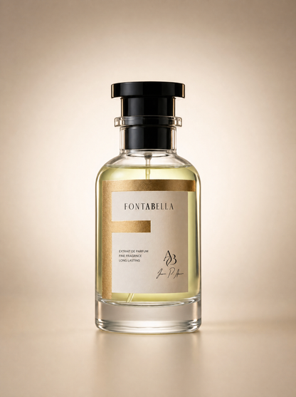 Perfume Líbre de Fontabella, extrait de parfum en frasco de vidrio con etiqueta dorada