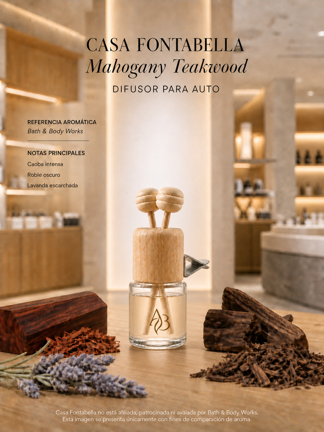 Aromatizante para auto Mahogany Teakwood de Casa Fontabella junto a su inspiración: Bath y Body Works