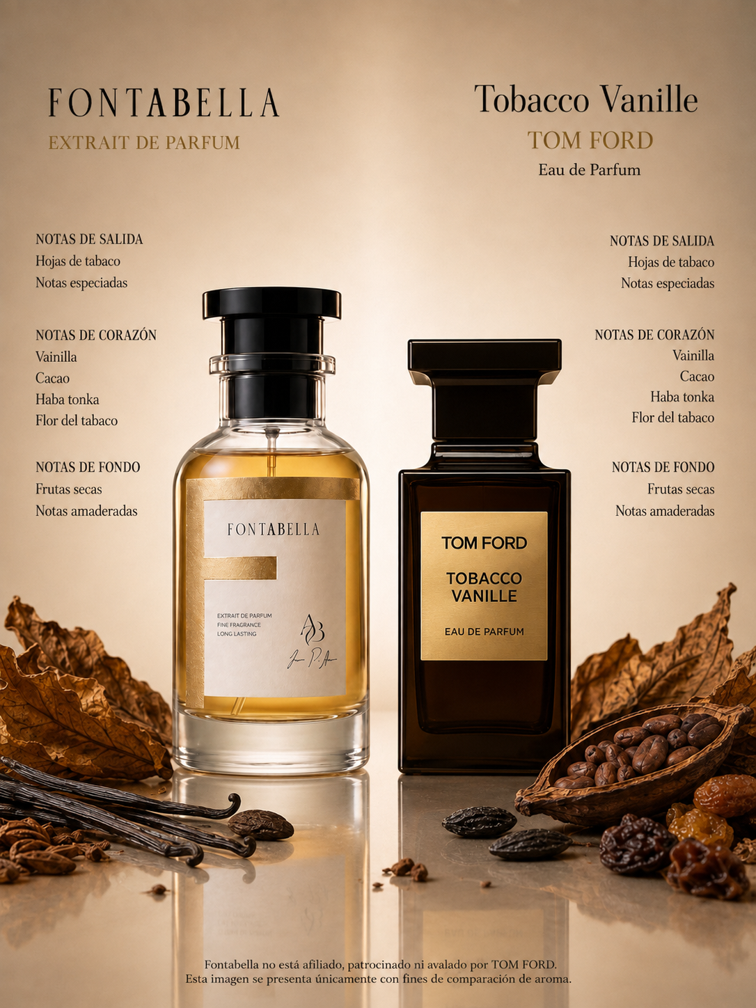 Perfume Tabaco Vainilla de Fontabella junto a su inspiración: Tobacco Vanille de Tom Ford