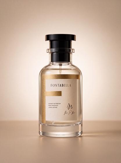 Perfume Lime B&M de Fontabella, extrait de parfum en frasco de vidrio con etiqueta dorada