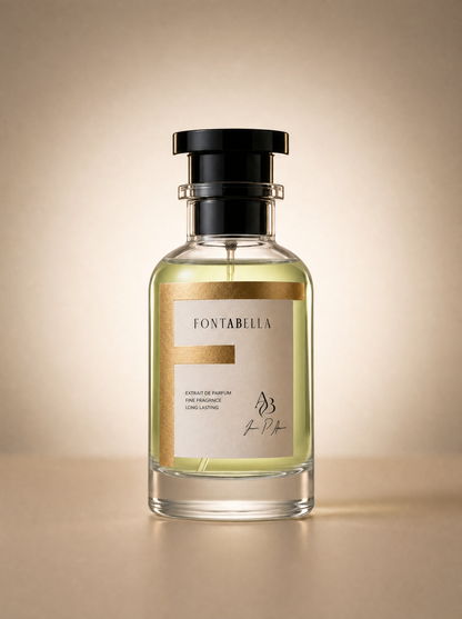 Perfume Blúm de Fontabella, extrait de parfum en frasco de vidrio con etiqueta dorada