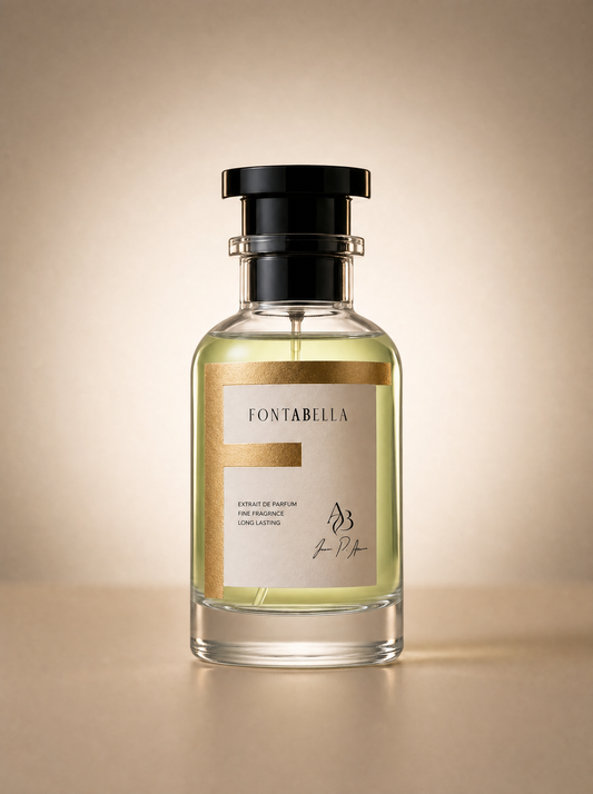 Perfume Blúm de Fontabella, extrait de parfum en frasco de vidrio con etiqueta dorada