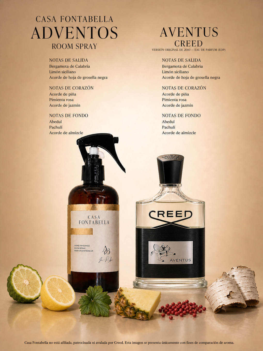 Spray de ambiente Adventos de Casa Fontabella junto a su inspiración: Aventus de Creed